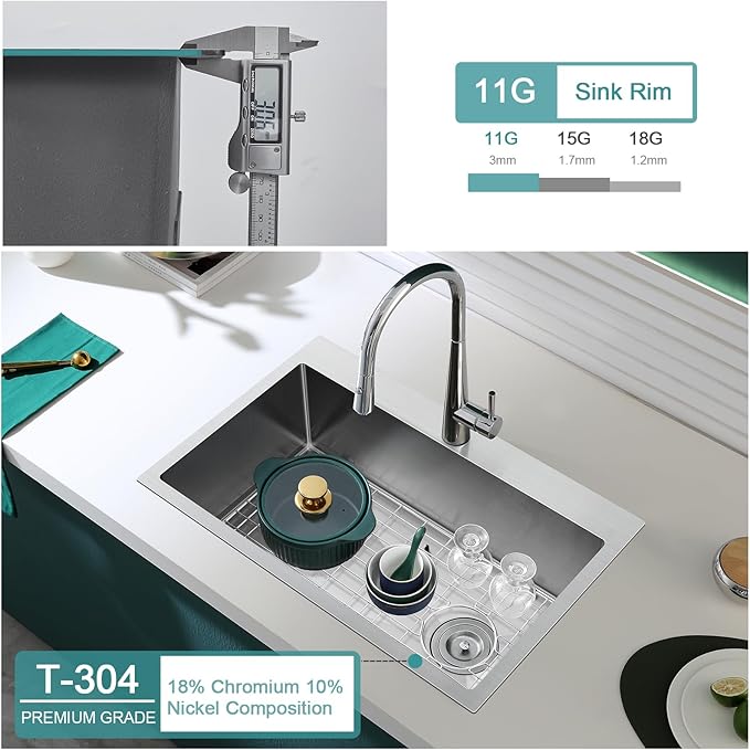 25 inch Kitchen Sink Single Bowl - Drop-in Topmount Kitchen Sink with Protective Bottom Grid, 304 Stainless Steel Overmount Kitchen Bar Sink Handmade with Basket Strainer, 25×18×9 inch