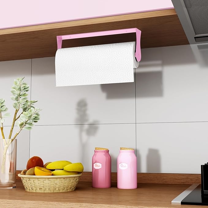 Pink Paper Towel Holder Under Cabinet, Pink Kitchen Accessories Decor, Stainless Steel, Wall Mount Paper Roll Holder for Bathroom, Adhesive or Screws