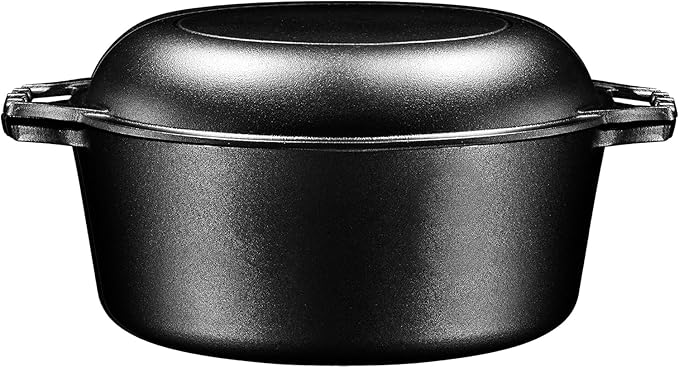 Bruntmor Pre-Seasoned Cast Iron Double Dutch Oven with Skillet Lid - 7 Quart All-in-One Casserole and Braising Pan - Heavy Duty and Oven Safe Black Cookware for Versatile Cooking - 14.7 x 6.9 Inches