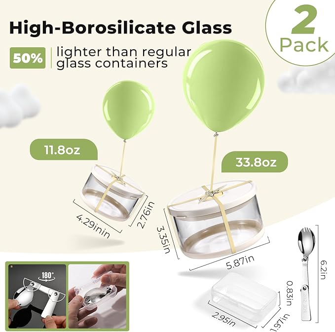 Glass Food Storage Containers with Airtight Lids, 33.8oz & 11.8oz High-Borosilicate Glass Meal Prep Containers with Spork, Bento Lunch Boxes for Salad, Ramen, Soup, Fruit - 2 Pack, White