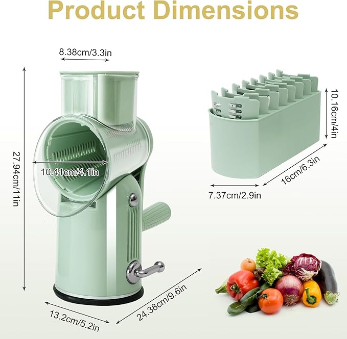 5 in 1 Cheese Grater with Rotary Hand Crank - Vegetable Chopper with Replaceable Stainless Blades, Strong Suction Base, Handle, Blade Storage Box, Easy-Clean Multipurpose Kitchen Slicer (Green)