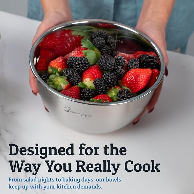 Priority Chef Stainless Steel Mixing Bowls with Lids Set, Metal Nesting Bowls with Airtight Lids, Graters, Non-Slip Base & Measurement Marks, Includes Utensil Set for Prep, Baking & Storage, Blue