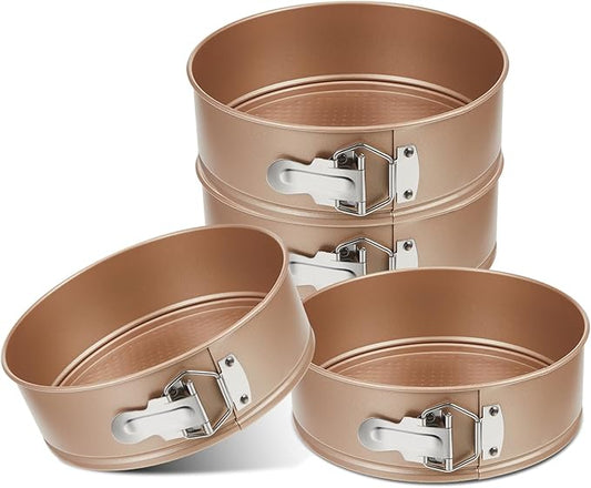4 Pcs 8 Inch Non Stick Springform Pan with Removable Bottom Carbon Steel Round Springform Cheesecake Pan with Stainless Steel Spring Buckles for Baking Kitchens Restaurant(Champagne Gold)