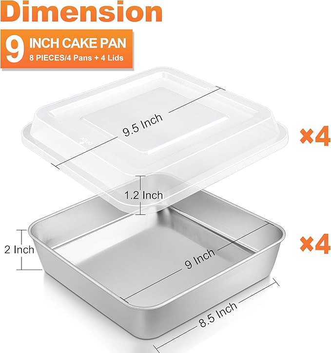Herogo Baking Pan with Lid, 9''x 9'' Stainless Steel Nonstick Square Deep Cake Pan, Rectangle Cakes Bakeware for Brownies Casseroles, Non Toxic & Dishwasher Safe, Set of 4