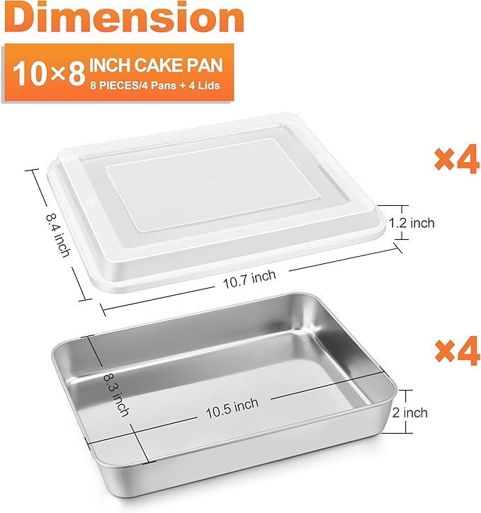 Herogo Baking Pan with Lid, 8 x 10 Inch Nonstick Rectangle Stainless Steel Cake Pan Sheet, Deep Cakes Bakeware with Lid for Brownies Casseroles, Non Toxic & Dishwasher Safe, Set of 4