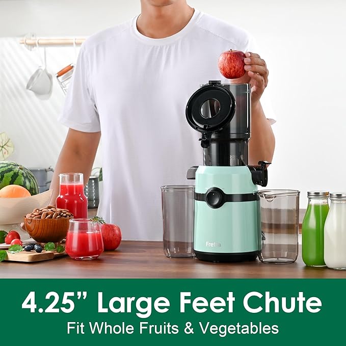 Cold Press Juicer Machines,Fretta Slow Masticating Juicer Machines with 4.25" Large Feed Chute,Fit Whole Fruits & Vegetables Easy Clean Self Feeding,High Juice Yield,BPA Free (Blue)