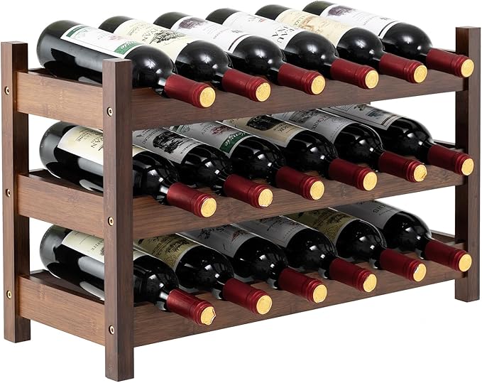 COSTWAY 3-Tier Bamboo Wine Rack, 18-Bottle Tabletop Wine Holder with Wave Slot, Freestanding Countertop Wine Bottle Organizer for Kitchen, Pantry, Pub & Wine Cellar, Brown