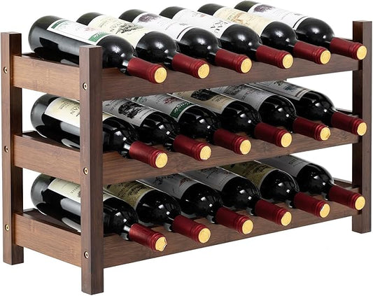 COSTWAY 3-Tier Bamboo Wine Rack, 18-Bottle Tabletop Wine Holder with Wave Slot, Freestanding Countertop Wine Bottle Organizer for Kitchen, Pantry, Pub & Wine Cellar, Brown