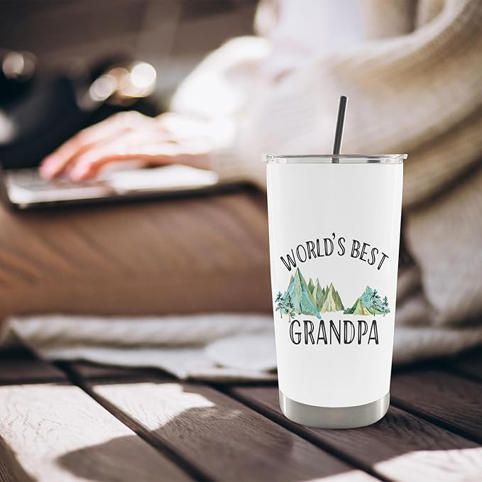 QASHWEY Grandpa Gifts Coffee Tumbler - Grandpas Grandfather Gifts, Grandpas Travel Tumbler Coffee Mug Gift for GrandpaPapa, World's Best Grandpa Mountain Stainless Steel Tumblers with Straw and Lid