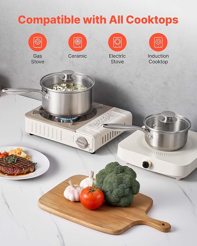 VEVOR Stainless Steel Saucepan Set, 1 QT & 2 QT & 3 QT Saucepans with Glass Lids, Multipurpose Nonstick Stainless Steel Sauce Pot with Ergonomic Handle, Friendly for Oven, Dishwasher, Induction Cooker