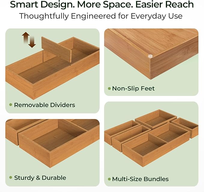 5-Piece Bamboo Drawer Organizer Set, 2.2" Deep Multi-Use Organizers for Utensils, Silverware, Cutlery, Desk, Bathroom, Junk Drawer & Makeup, Non-Slip Feet Included.