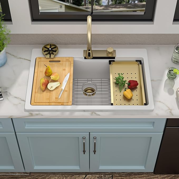 33"x22" Waterfall Kitchen Sink Workstation - White Granite Composite Quartz Classic Drop In Topmount Single Bowl Multifunction Smart Waterfall Sink with Faucet Combo & Glass Rinser