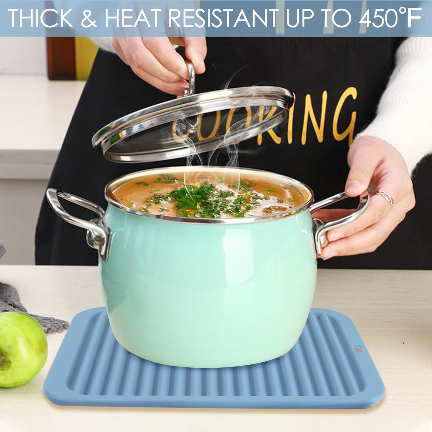 Large Silicone Trivet for Hot Dishes, 4PCS Hot Pads Trivets Mats for Hot Pots and Pans, Heat Resistant Silicone Hot Pot Holders, Blue Tables Mat for Countertop, Jar Opener, Drying Mat