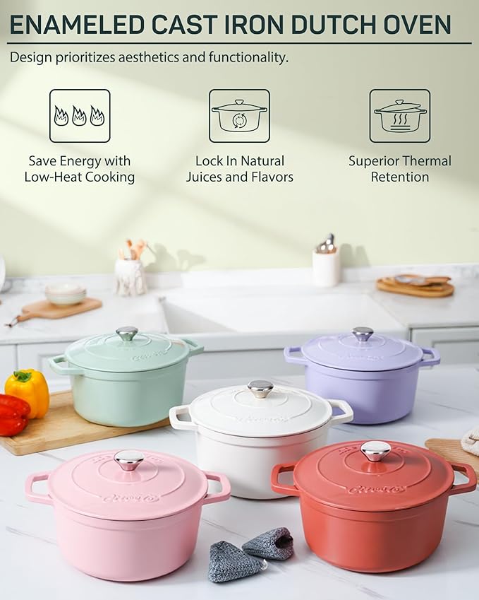 6 QT Dutch Oven Pot with Lid, Enameled Cast Iron Dutch Oven for Bread Making, Braiser, Cooking, Dual Handles, Oven Safe up to 500° F or on Stovetop, Gifts for Family - Mint Green