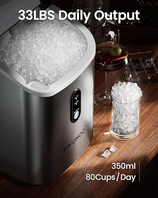 Nugget Ice Maker Countertop, 34lbs/24H Pebble Ice Machine, Self-Cleaning Sonic Ice Maker with Basket & Scoop, Compact Pellet Ice Maker for Home/Office/Kitchen/RV/Party, Stainless Steel