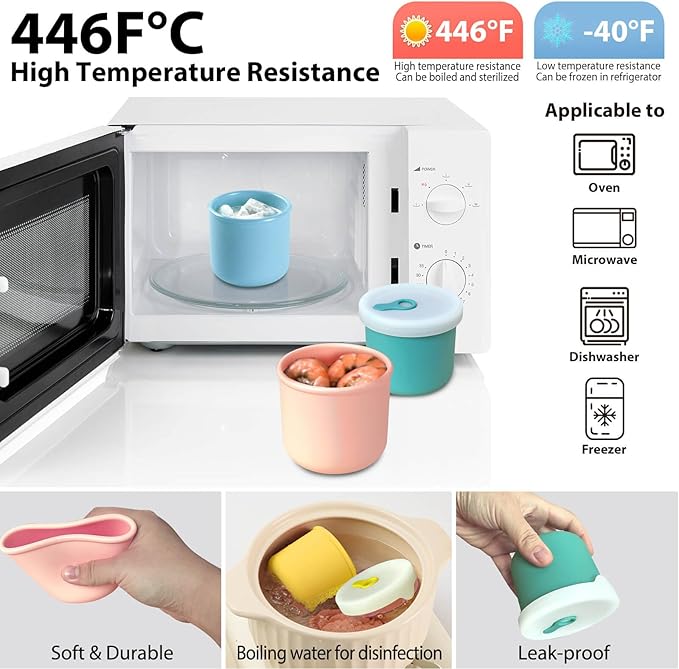 Silicone Food Storage Containers with Lids, 4 Pack 8.5 oz Reusable Snack Fruits Containers Cups Airtight Leak Proof BPA Free Freezer Molds Lunch Box for Daycare School Travel Baby Kids Macaron