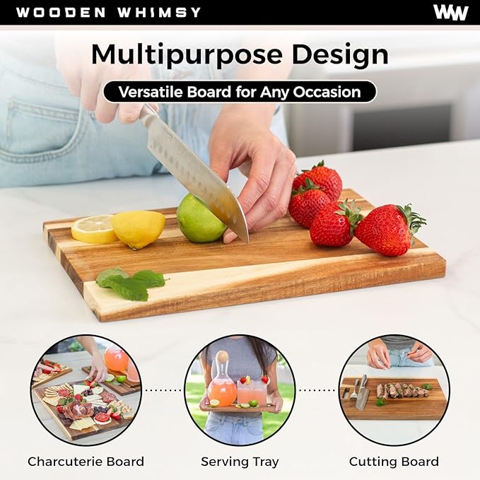 Modern Acacia Cutting Board Set with Holder and Oil Applicator- 3-Piece Wooden Kitchen Butcher Block - Solid Wood Chopping Blocks for Food Prepping, Charcuterie, and Cheeseboards