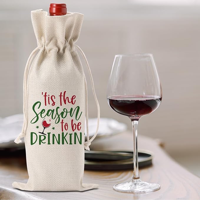 FBCCZEY Christmas Wine Bag Merry Christmas Wine Bottle Gift Bags With Drawstring Xmas Party Decorations Gifts for New Year Holiday Wedding Parties Tis The Season To Be Drinkin Bottle Wraps Bags