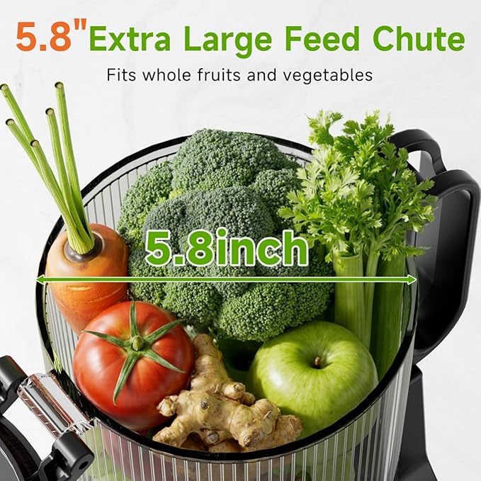 Cold Press Juicer, 5.8" Wide Feed Chute, 400W Slow Masticating Juicer Extractor Supports High Juice Yield, Whole Vegetables & Fruits, Dark Grey