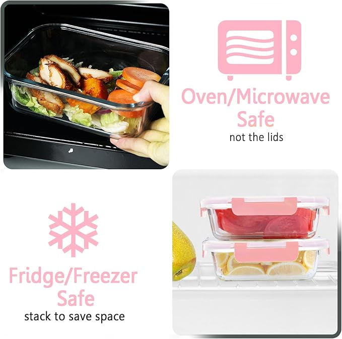 M MCIRCO [10-Pack Meal Prep Containers with Snap Locking Lids, Glass Airtight Lunch, Food Storage Containers, Microwave, Oven, Freezer and Dishwasher Friendly, Pink