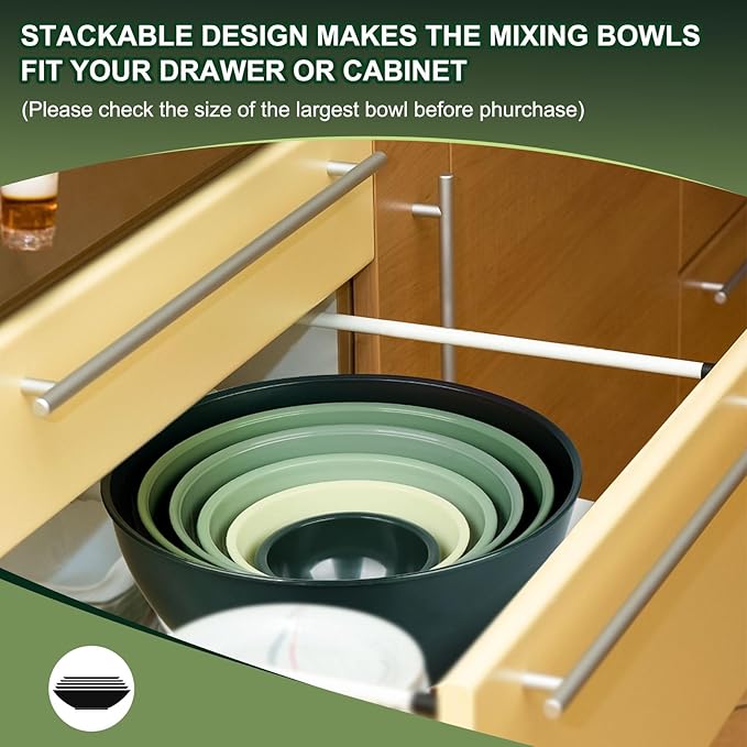 6-Piece Plastic Mixing Bowl Set with Lids for Kitchen, Nesting Storage Bowls for Baking, Prepping,Cooking and Serving Food, Dishwasher, Microwave Safe,Great for Mixing & Serving (6 Set-Green)