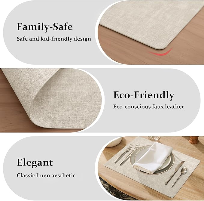 FROMHEART Faux Leather Placemats Set of 6–Waterproof,Heat/Oil Stain-Resistant PU Table Mat–Reversible,Non-Slip,Easy to Clean Place Mats for Kitchen,Dining,Indoor/Outdoor,(Beige,11.8" x 17")