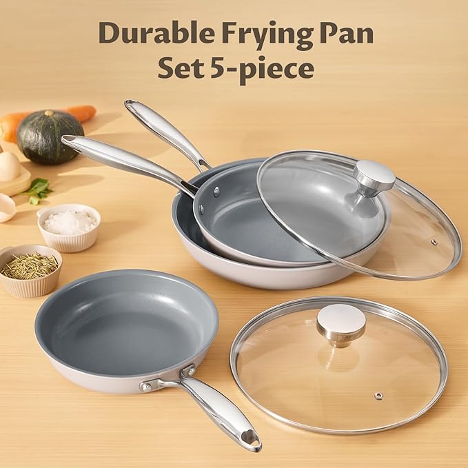 Non Stick Frying Pans Set, Ceramic Frying Pans Nonstick with Lid, Molecular-bonded Induction Base, Induction Cookware PFOA/PTFE Free, 8" 10" 11" Non Stick Skillet Set, Compatible with All Stovetops