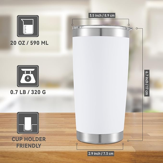 20 oz Tumblers Bulk Stainless Steel Tumbler with Lid Double Wall Vacuum Insulated Coffee Mug 20oz Powder Coated Cup for Hot and Cold Drinks, White, 6 pack