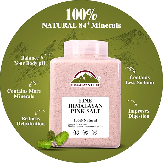 Himalayan Chef Himalayan Pink Salt - 5 lbs Fine Grain Plastic Jar - 100% Natural and Pure Gourmet Crystal - Contains 84 Essential Minerals | Kosher and Vegan Certified