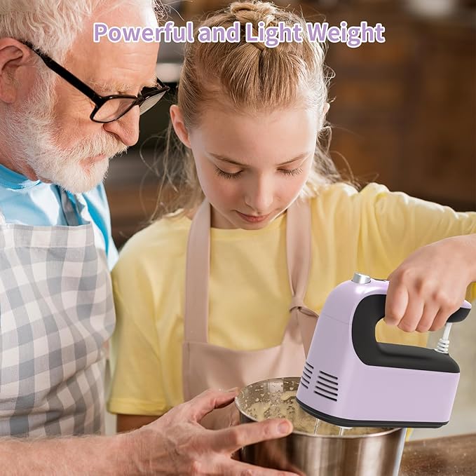 9-Speed Digital Hand Mixer Electric, 400W Powerful DC Motor, Baking Mixer Handheld with Snap-On Storage Case, 5 Stainless Steel Accessories, Flat Beaters, Dough Hooks, Whisk (Purple&Black)
