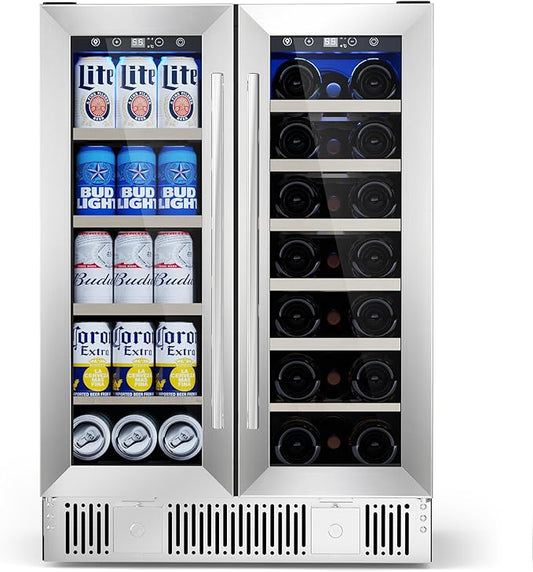 Dual Zone Wine Cooler with Glass Door, 21 Bottles and 88 Cans Wine and Beverage Refrigerator, 4.4 cu.Ft 24 Inch Built in or Under Counter Wine Fridge with LED Light, Two Door Lock
