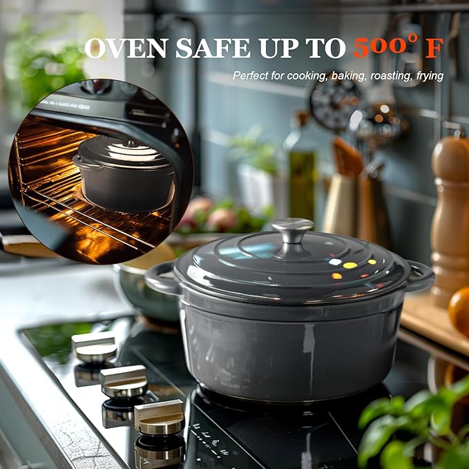 Overmont Enameled Cast Iron Dutch Oven - 7QT Pot with Lid Cookbook & Cotton Potholders - Heavy-Duty Cookware for Braising, Stews, Roasting, Bread Baking grey