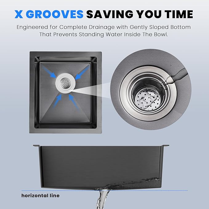 POPFLY 15×17 Inch Black Bar Sink,304 Stainless Steel Single Bowl 8 Inch Deep Laundry Sink Rv, Undermount Small Kitchen Sinks