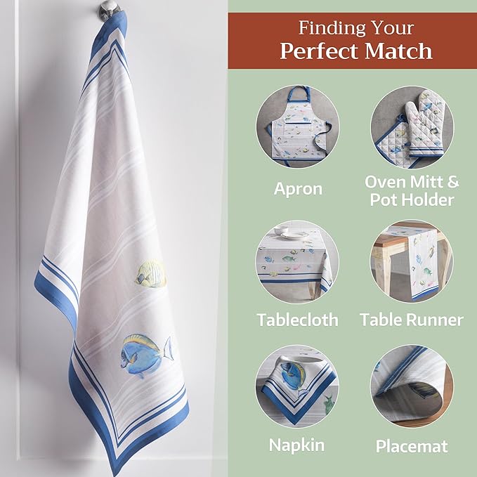 Maison d' Hermine Kitchen Towels Set of 3 100% Cotton 27.50" x 20" Reusable Cloth Tea Dish Towels Absorbent with Hanging Loop for Kitchen, Home, Dining, Cocktail Parties Spring/Summer (Poisson)