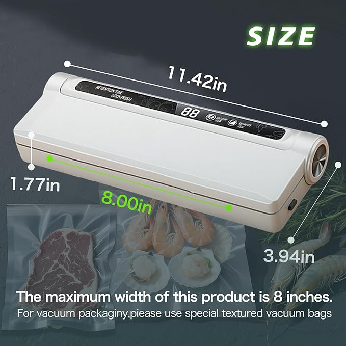 Kitchen utensil vacuum sealing machine, 60kPa suction, 20 vacuum sealing pockets, dry wet mode, digital countdown, white vacuum food sealing machine