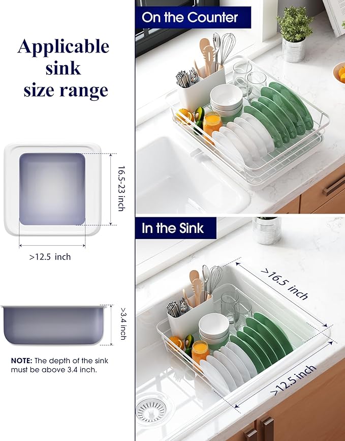 Kitsure Dish Drying Rack for Kitchen Counter, Stainless Steel Sink Organization and Storage Essentials with Cutlery Holder, Home and Appartment Decor, 12''W x 15.5''L, White