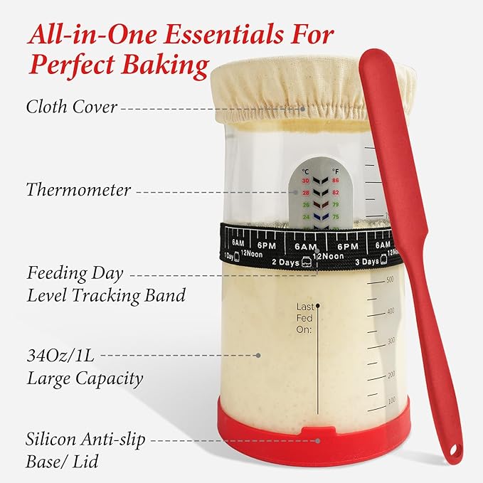Sourdough Starter Kit - Round & Oval Cotton Rope Banneton Bread Proofing Basket Set, 34oz Sourdough Starter Jar & Bread Making Tools Kit, Sourdough Bread Baking Supplies, Red