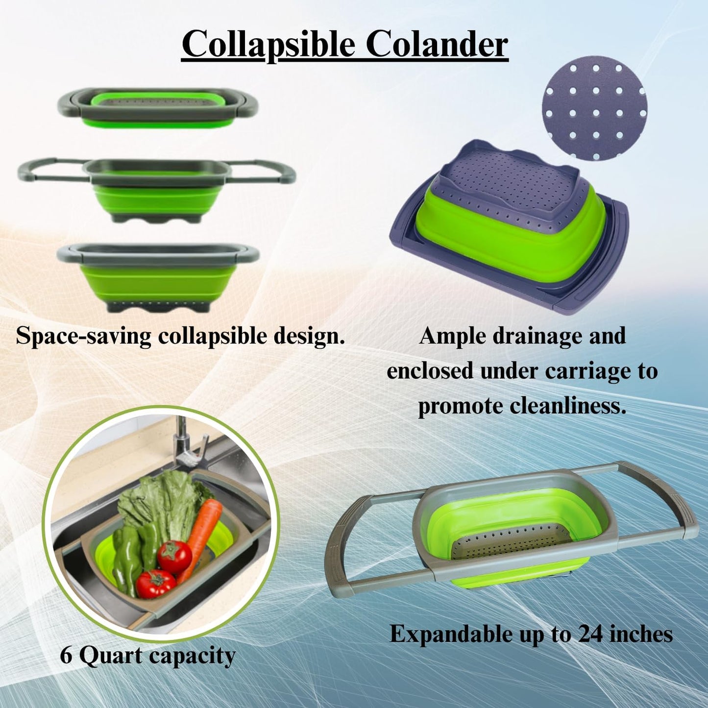 Collapsible Colander | Over the sink silicone kitchen strainer and collander with extendable handle | Clip-on silicone strainers for pots and pans|