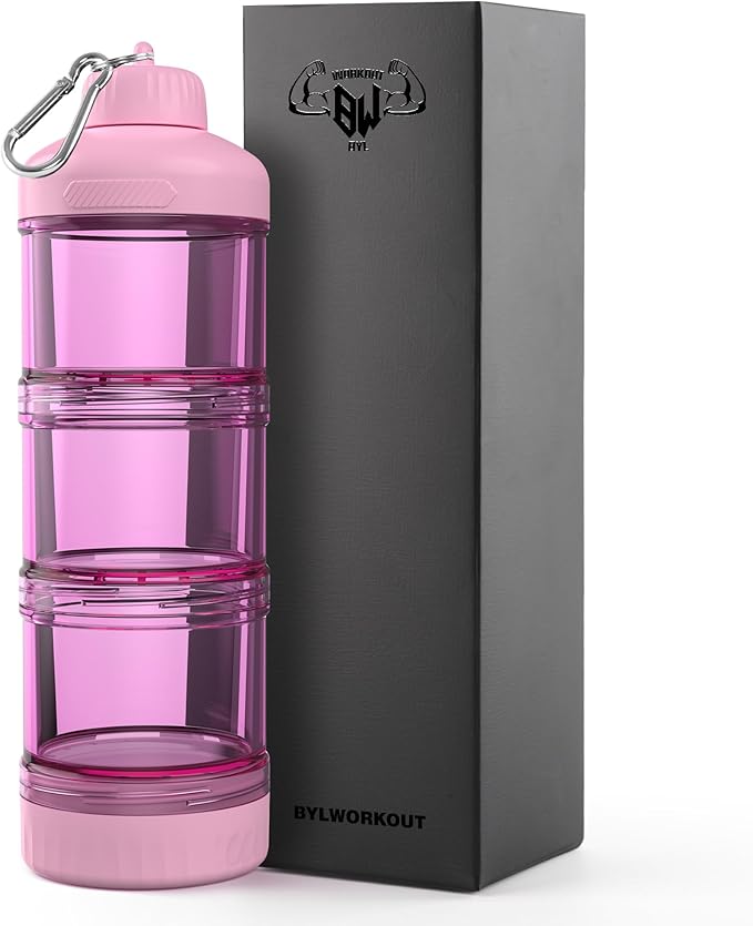 BYLWORKOUT 3-Layer Protein Powder Travel Container with Funnel and Keychain | Portable Food Storage Organizer for Gym, Fitness, Kitchen, Camping, Hiking, and Travel (Pink)