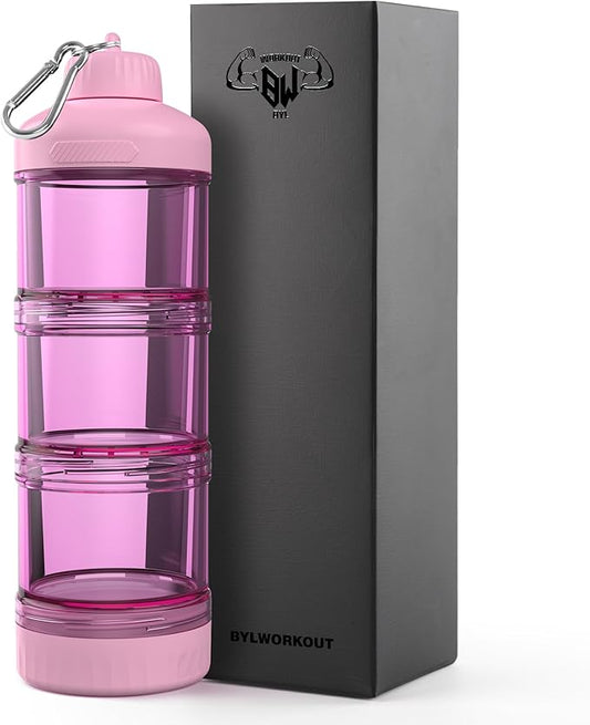 BYLWORKOUT 3-Layer Protein Powder Travel Container with Funnel and Keychain | Portable Food Storage Organizer for Gym, Fitness, Kitchen, Camping, Hiking, and Travel (Pink)