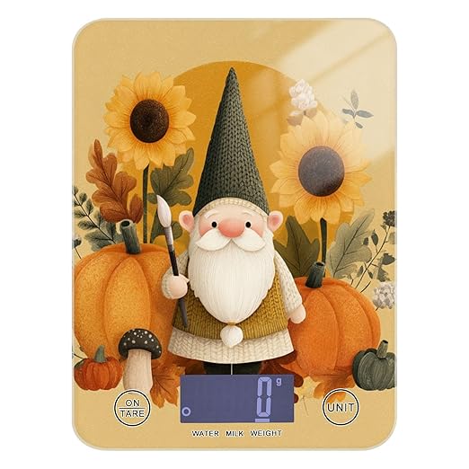 Fall Gnome Pumkin Sunflowers Thanksgiving Food Scale Kitchen Digital Scale Food Ounces and Grams Dieting Baking Cooking Waterproof Glass Panels LCD Display,4 Units Tare Function