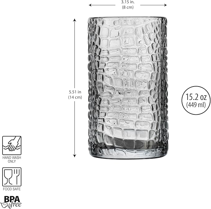 Glaver's Highball Glasses Set of 4 Smoke Drinking Glasses, 15 Ounce Crackle Textured Newly Designed Patent Glassware Heavy Bar Home Party Decor Black Kitchen Glasses, Water Juice Cocktails