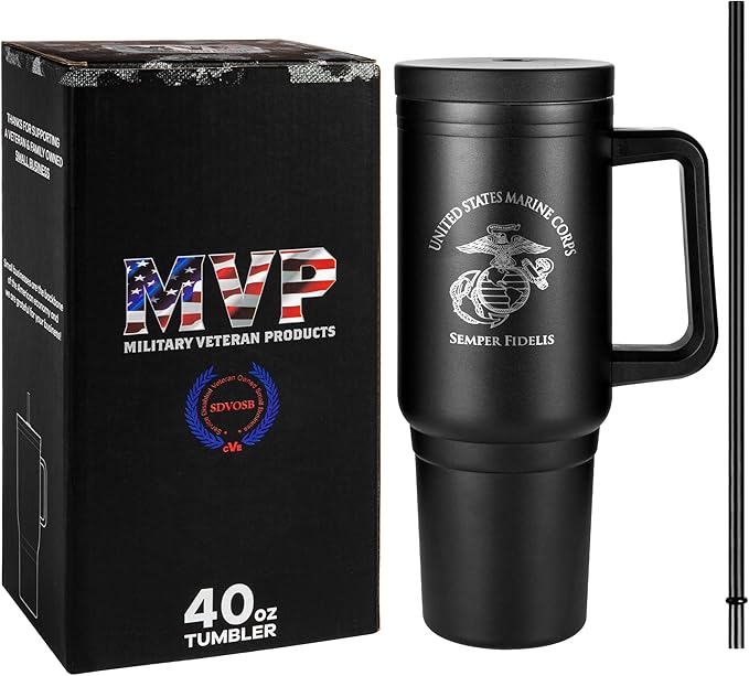 40oz Insulated Marine Corps Tumbler with Handle, Lid & Straw - USMC Gifts - Use for Water, Tea, Coffee & More-Disabled USMC Vet | USMC 40oz Tumbler