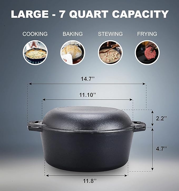 Bruntmor Pre-Seasoned Cast Iron Double Dutch Oven with Skillet Lid - 7 Quart All-in-One Casserole and Braising Pan - Heavy Duty and Oven Safe Black Cookware for Versatile Cooking - 14.7 x 6.9 Inches