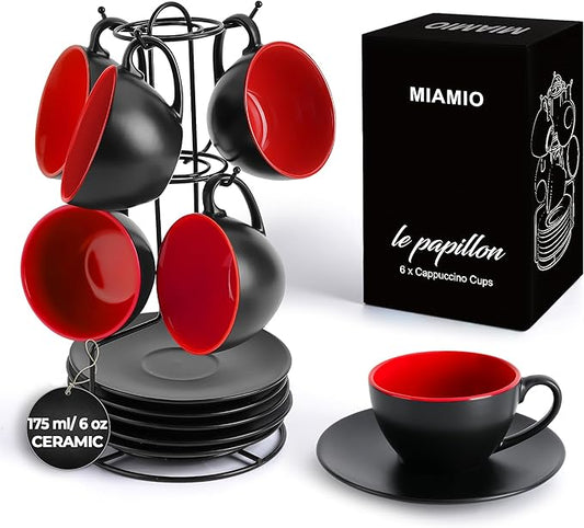 MIAMIO - Set of 6, Ceramic Stackable Cappuccino Cups Set / 6 Ounce Cappuccino Mugs and Saucer with Metal Stand for Coffee Drinks, Cafe, Latte, Americano and Tea - Le Papillon Collection (Red)
