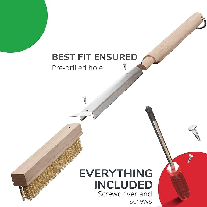 22” Pizza Oven Brush with Stone Scraper - Heat Resistant Stainless Steel Bristles, Extra Long Handle - Universal Fit for Most Pizza Ovens