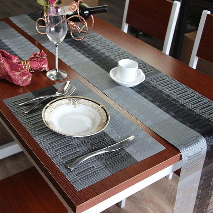 SHACOS Placemats with Table Runner Set of 7 Woven Vinyl Table Mats and Runner for Dining Table Heat Resistant, Ombre Black Gray