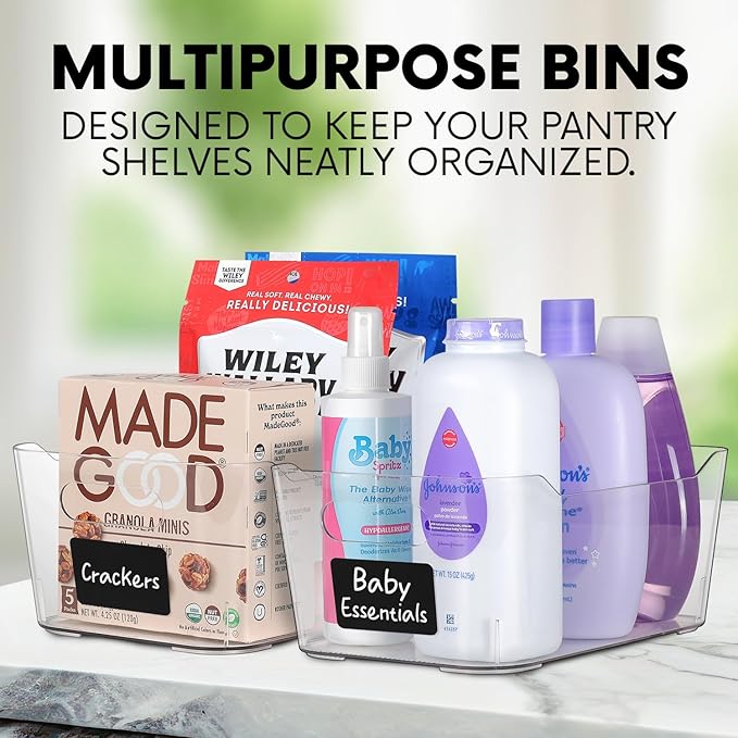 Clear Plastic Storage Bins, Perfect for Kitchen Organization or Pantry Organizers and Storage, Refrigerator Freezer Fridge Organizer Storage Containers Bin for Organizing Medicine Cabinet Organizer