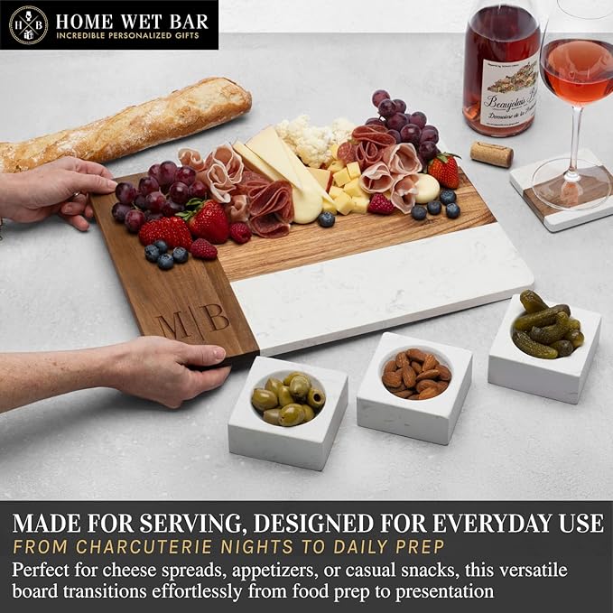 Personalized Charcuterie Board Gift Set | Custom 15.75" x 11.75" White Marble & Acacia Wood Cheese Board with Serving Bowls | Perfect Housewarming + Wedding + Couples Gift Idea