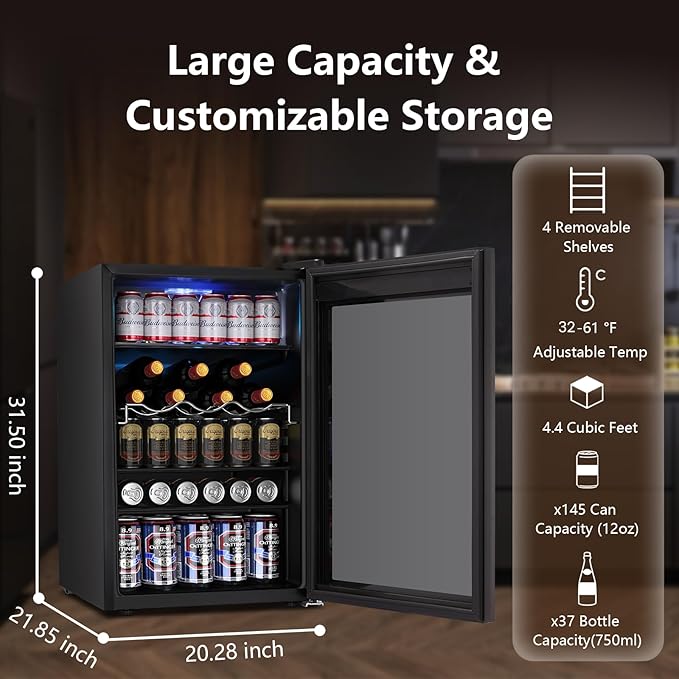 4.4 Cu.ft Beverage Refrigerator Cooler, 145 Can Mini Fridge Glass Door with Adjustable Shelves, Digital Temperature Display, Freestanding Small Drink Fridge for Home, Office or Bar(Black)